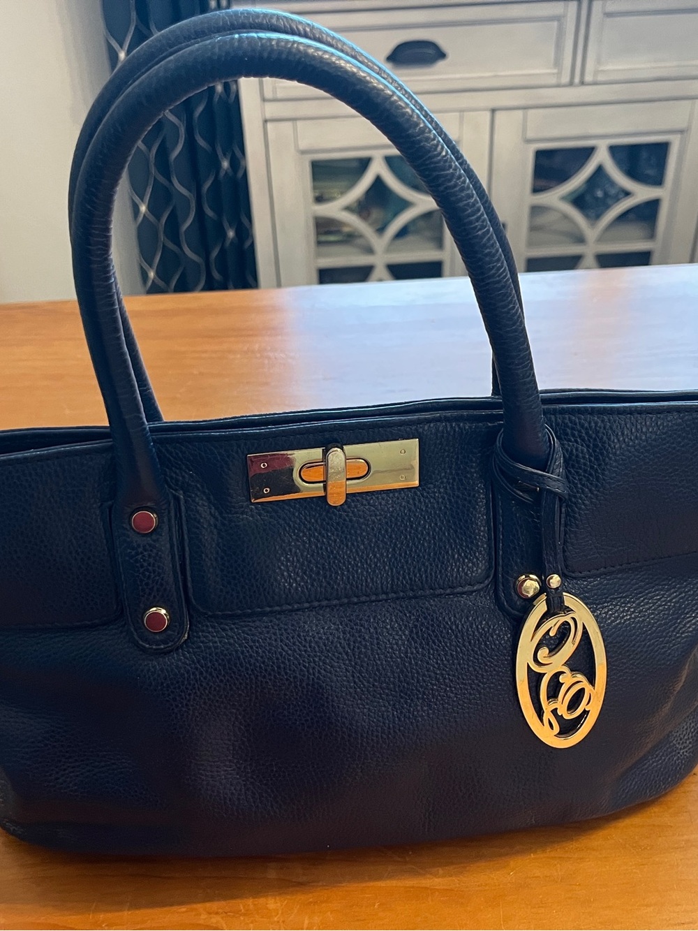 Onna Ehrlich Navy Blue Leather Satchel with Gold Hardware